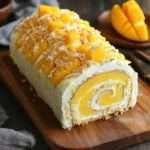 Gâteau roulé à la mangue garni de crème mascarpone à la mangue et saupoudré de sucre glace.