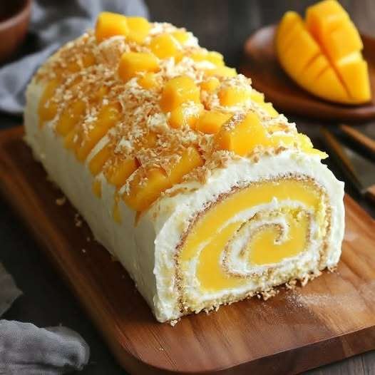 Gâteau roulé à la mangue garni de crème mascarpone à la mangue et saupoudré de sucre glace.