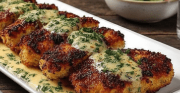 Poulet croustillant servi dans une assiette, nappé de sauce crémeuse à l’ail et au parmesan avec un peu de persil frais