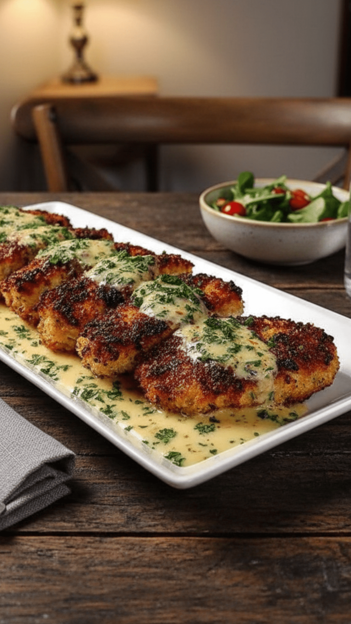 Poulet croustillant servi dans une assiette, nappé de sauce crémeuse à l’ail et au parmesan avec un peu de persil frais