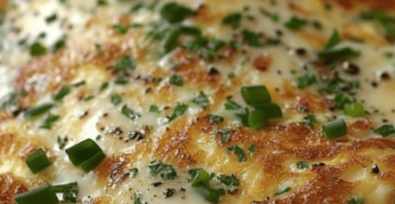 Omelette au fromage et ciboulette moelleuse dans une poêle chaude