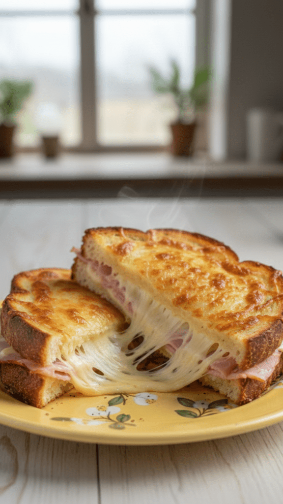 Croque jambon fromage ultra coulant doré à la poêle et coupé en deux avec fromage filant