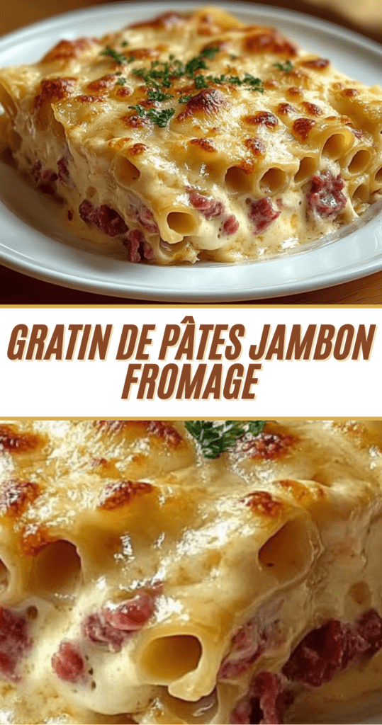Gratin de pâtes jambon fromage gratiné au four dans un plat familial