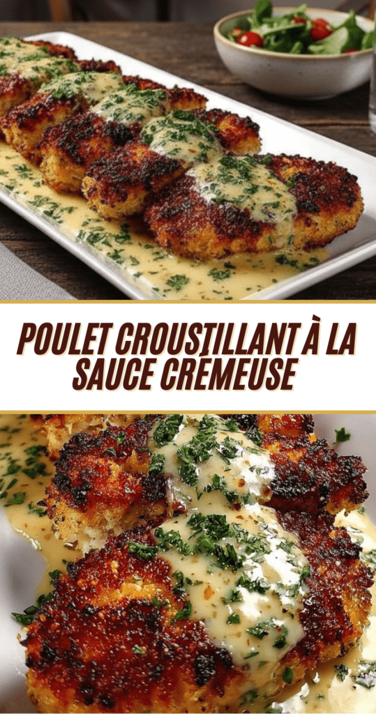 Poulet croustillant servi dans une assiette, nappé de sauce crémeuse à l’ail et au parmesan avec un peu de persil frais