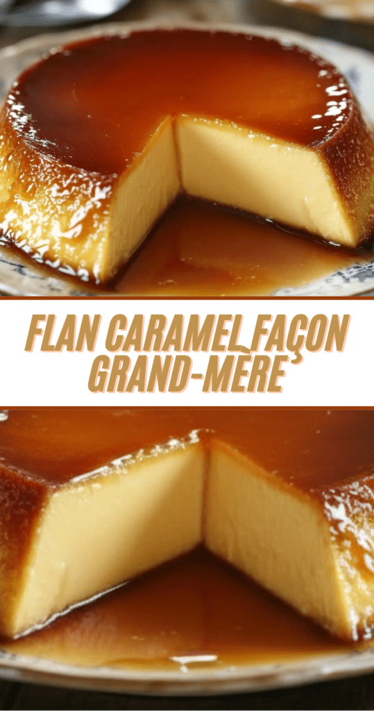 Flan caramel façon grand-mère démoulé sur plat blanc, nappé de caramel doré et brillant