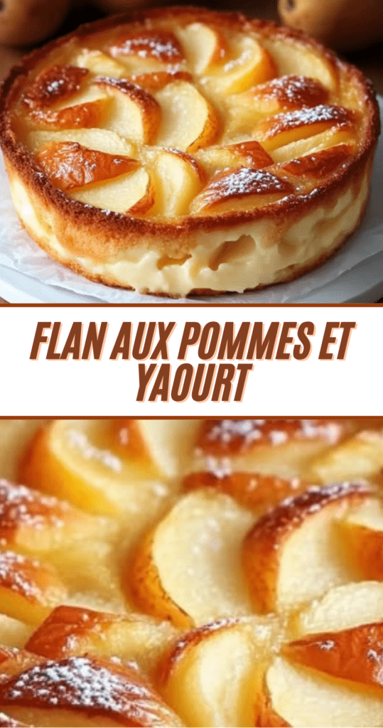 Flan aux pommes et yaourt doré dans un moule rond, posé sur une table en bois