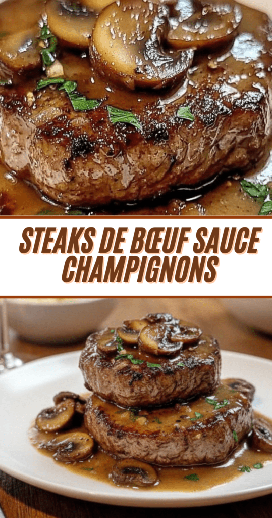 Steaks de bœuf nappés d’une sauce crémeuse aux champignons dans une poêle