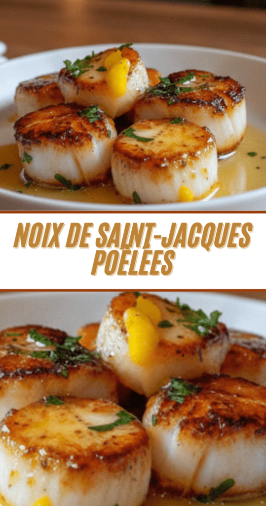 Assiette de noix de Saint-Jacques poêlées au beurre citronné avec persil frais finement ciselé