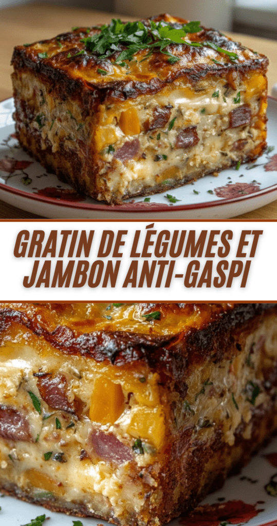 Gratin de légumes et jambon anti gaspi doré au four dans un plat familial