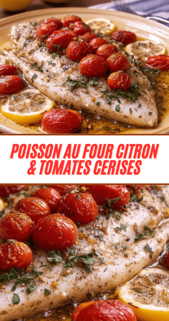 Poisson au four citron et tomates cerises dans un plat avec tomates cerises rôties