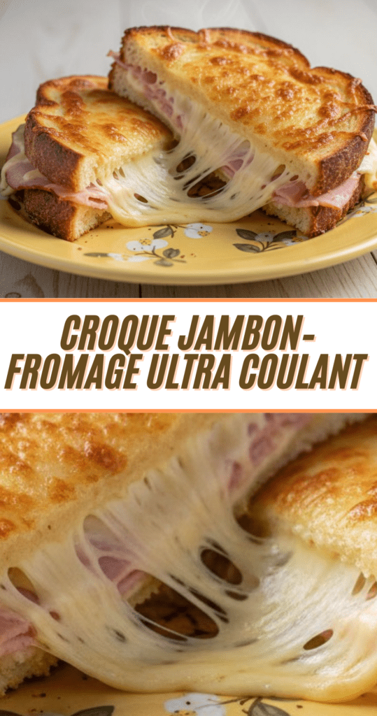 Croque jambon fromage ultra coulant doré à la poêle et coupé en deux avec fromage filant