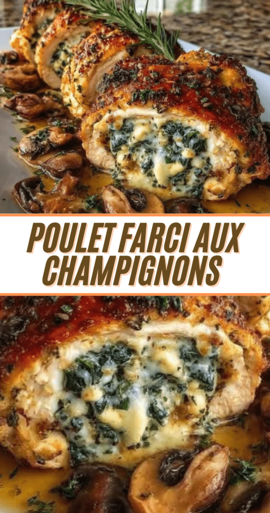 Poulet farci aux champignons nappé de sauce beurre à l’ail et fromage dans un plat de service