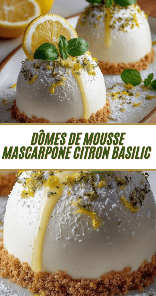 Dômes de mousse mascarpone citron basilic servis sur base biscuitée avec lemon curd et zestes de citron.