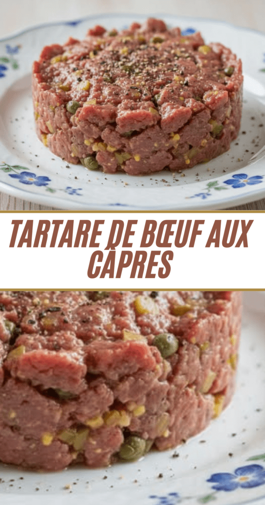 Assiette de tartare de bœuf aux câpres dressé au cercle avec échalote, cornichons et jaune d’œuf.