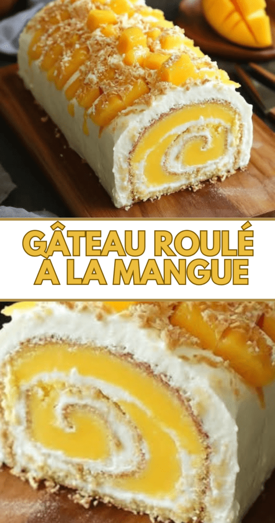 Gâteau roulé à la mangue garni de crème mascarpone à la mangue et saupoudré de sucre glace.