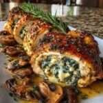 Poulet farci aux champignons nappé de sauce beurre à l’ail et fromage dans un plat de service