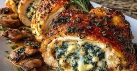 Poulet farci aux champignons nappé de sauce beurre à l’ail et fromage dans un plat de service