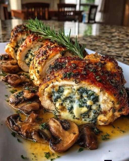 Poulet farci aux champignons nappé de sauce beurre à l’ail et fromage dans un plat de service