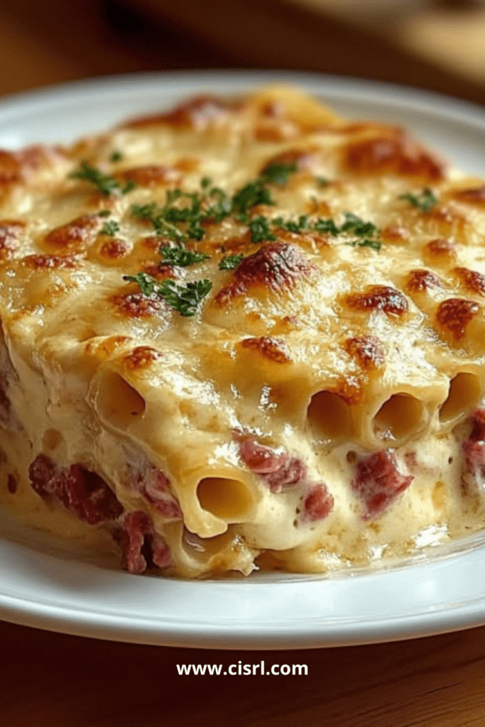 Gratin de pâtes jambon fromage gratiné au four dans un plat familial