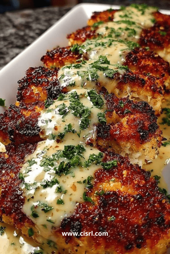 Poulet croustillant servi dans une assiette, nappé de sauce crémeuse à l’ail et au parmesan avec un peu de persil frais
