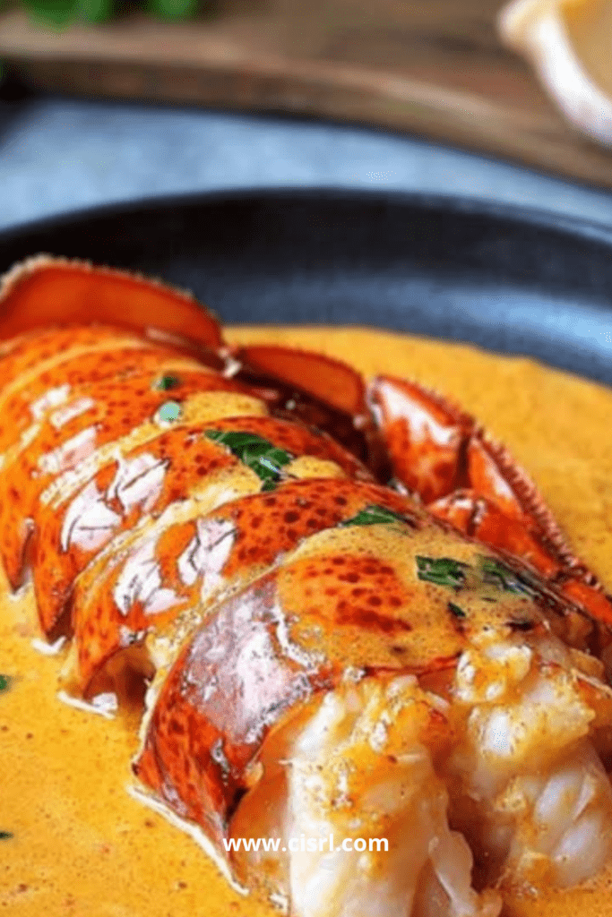 Queues de homard servies dans leur carapace, nappées de sauce homardine au Cognac, avec accompagnement raffiné sur assiette de fête