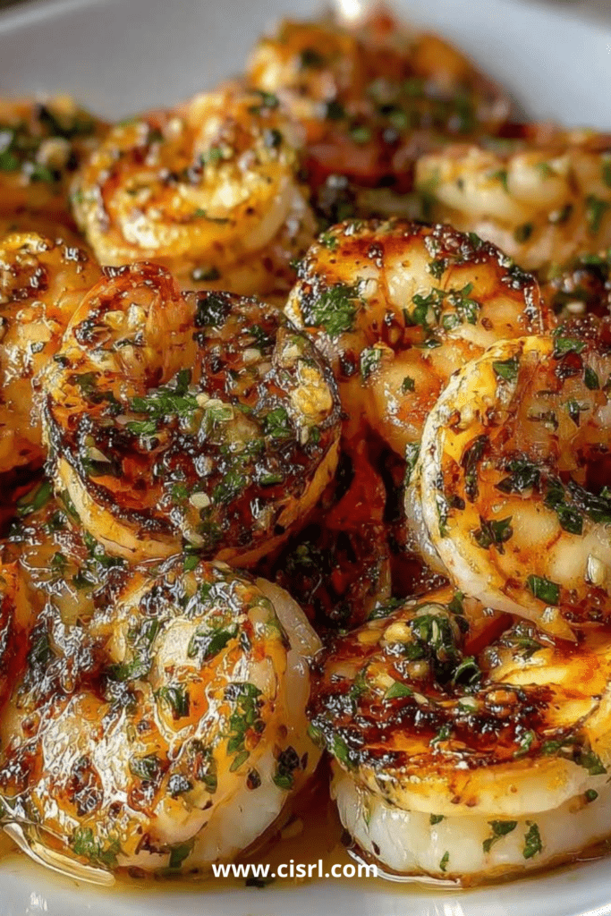 Crevettes sautées à l’ail et aux herbes dans une poêle, nappées d’huile d’olive et de persil frais