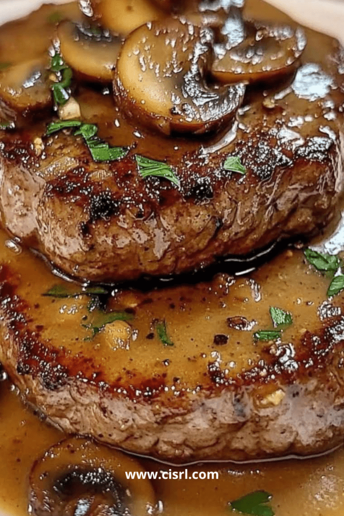 Steaks de bœuf nappés d’une sauce crémeuse aux champignons dans une poêle
