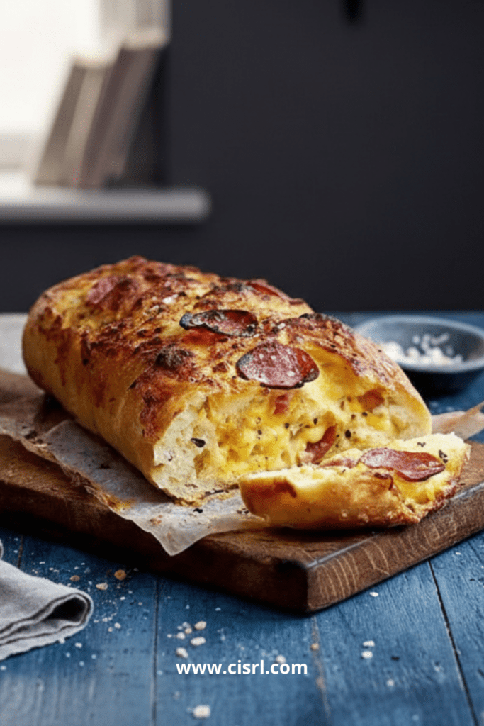 Pain rassis farci au fromage et chorizo, gratiné au four et servi sur une planche
