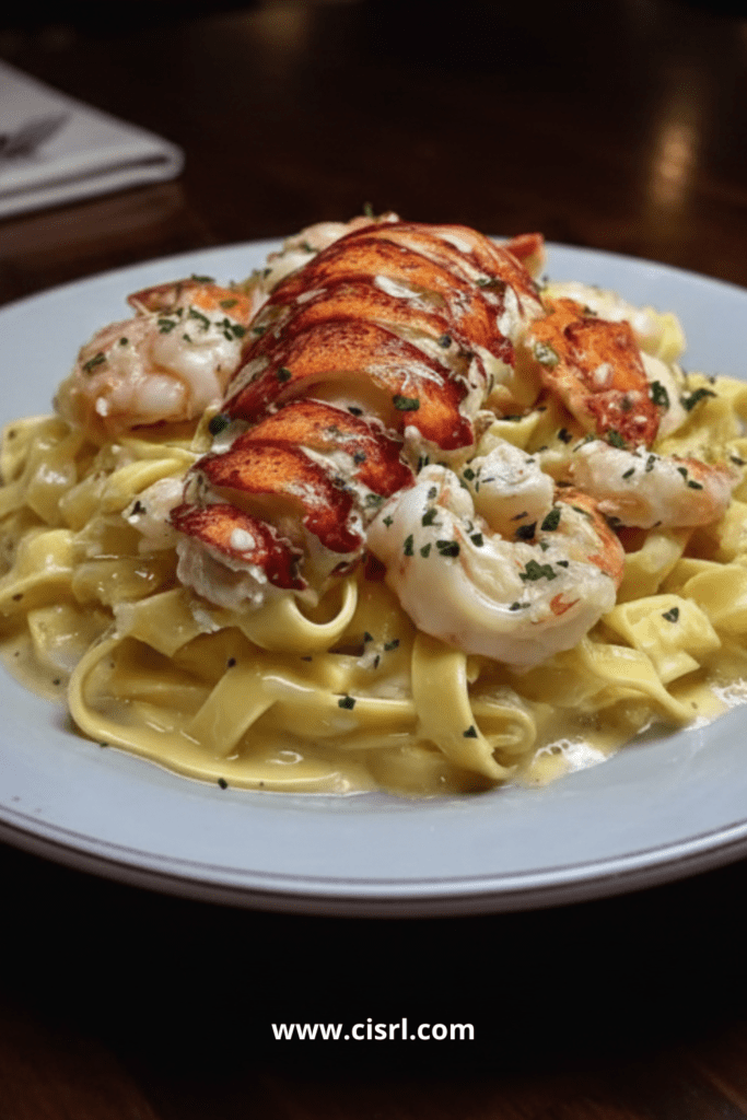 Assiette de tagliatelles Alfredo au homard et crevettes avec sauce crémeuse au parmesan