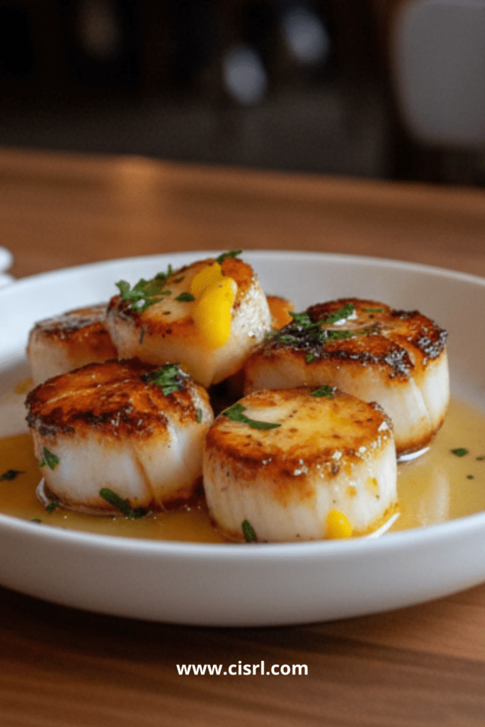 Assiette de noix de Saint-Jacques poêlées au beurre citronné avec persil frais finement ciselé