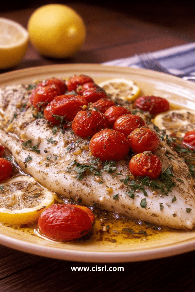 Poisson au four citron et tomates cerises dans un plat avec tomates cerises rôties
