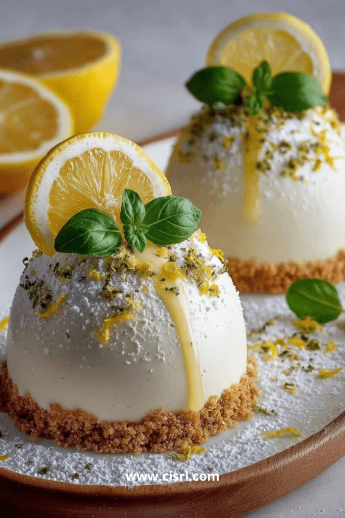 Dômes de mousse mascarpone citron basilic servis sur base biscuitée avec lemon curd et zestes de citron.