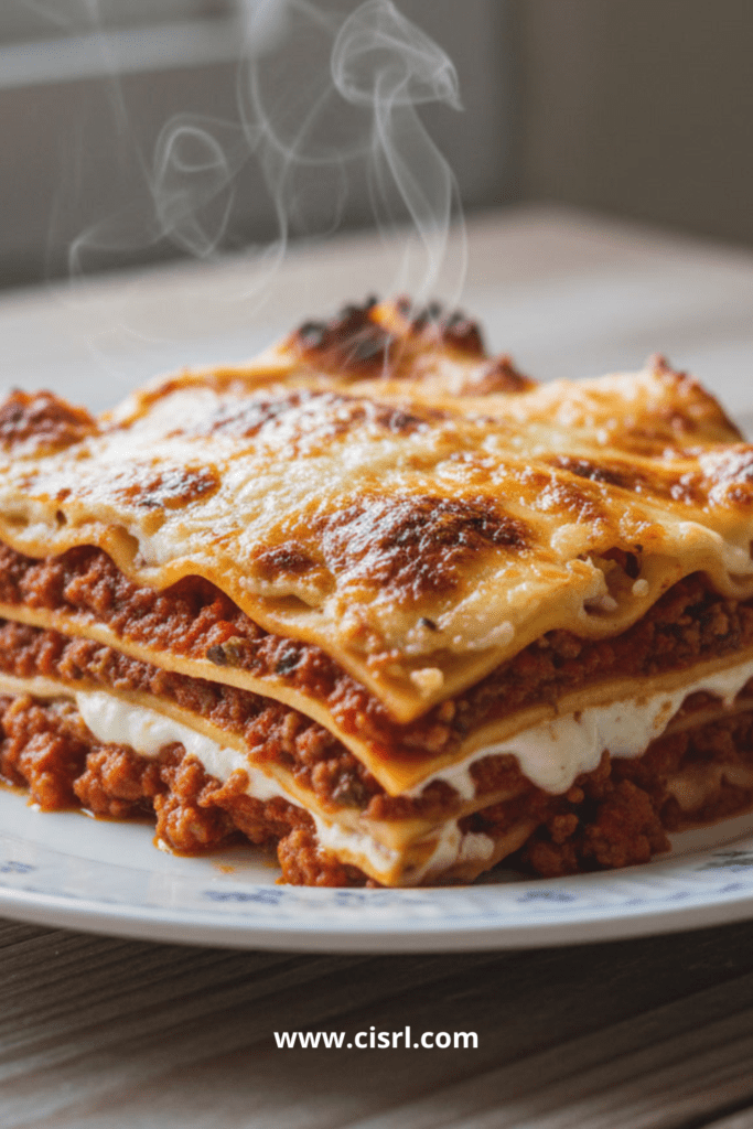 Plat de lasagnes express à la bolognaise bien gratinées, servies chaudes avec des couches fondantes de sauce et de béchamel.
