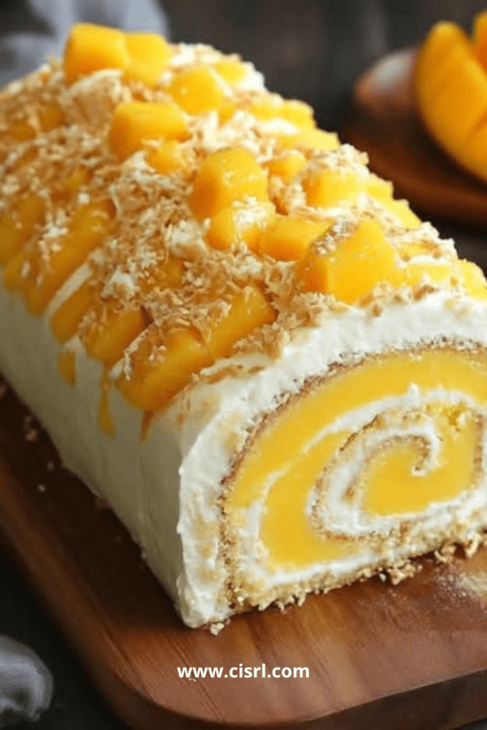 Gâteau roulé à la mangue garni de crème mascarpone à la mangue et saupoudré de sucre glace.